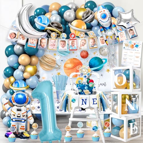 MOVINPE First Trip Around The Sun Birthday Party Decorations for Boy, Baby Boy 1st Birthday Party Supplies Outer Space Theme Birthday Decor, Solar System Astronaut Rocket Balloons Backdrop Party Decor