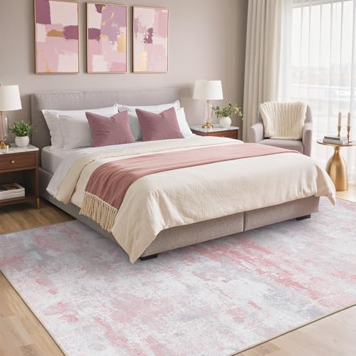 Image of BEIMO Area Rugs 8x10 for Living Room Bedroom, Modern Abstract Machine Washable Rug, Large Soft Low Pile Floor Carpet with Non Slip Backing for Dining Room, Pink
