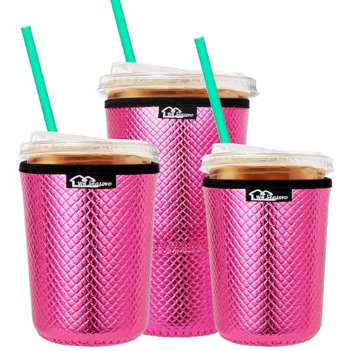Image of WKIEASON Reusable Iced Coffee Sleeves 16-32OZ PU Leather Neoprene Coffee Cup Sleeves Insulator Cover for Cold Drinks Beverages, Starbucks, McDonalds, Dunkin Donuts and More(Rose Set)