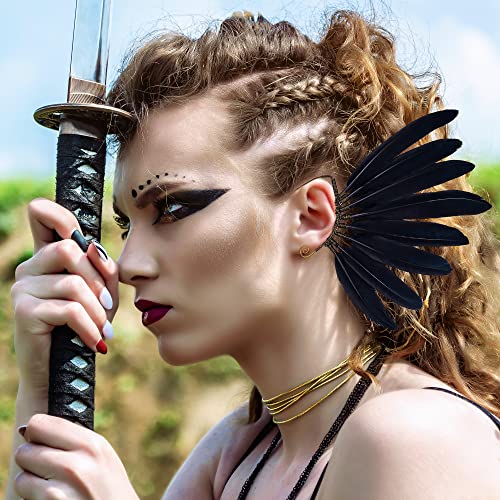 FRESHME Black Faux Feather Ear Cuffs - Indian Ethnic Plume Ear Clips Viking Tribal Earrings Bronze Wire Wrapped Fairy Elf Ear Cuffs Wraps Fantasy Jewelry for Unisex Cosplay Costume Dress Accessories4