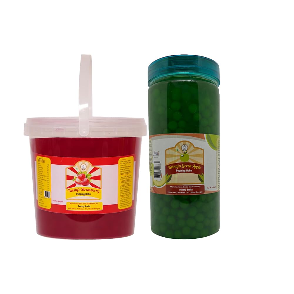 Twisty The Boba Station® Boba Combo Pack of 2 | Popping Boba Strawberry & Green Apple Flavors 1 Kg Each for Bubble Tea, Milkshakes, Ice Cream & Yogurt | Vegan, 20 Straws Included-image-36