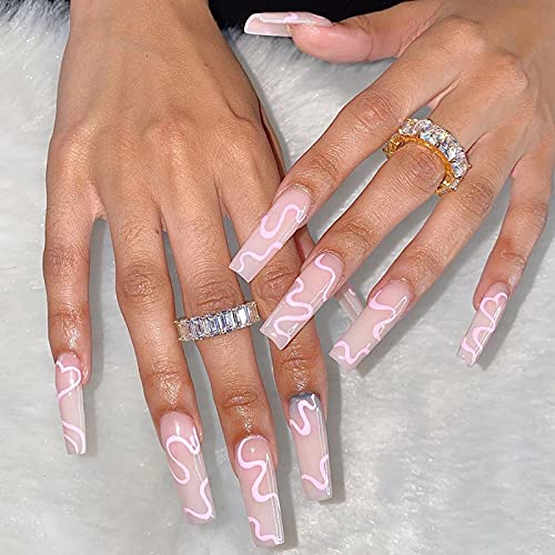 24 Pcs Coffin Press on Nails Long, Sunjasmine Fake Nails Glue on Nails, Glossy False Nails with Glue, Acrylic Nails for Women and Girls (Pink Abstract Swirl)