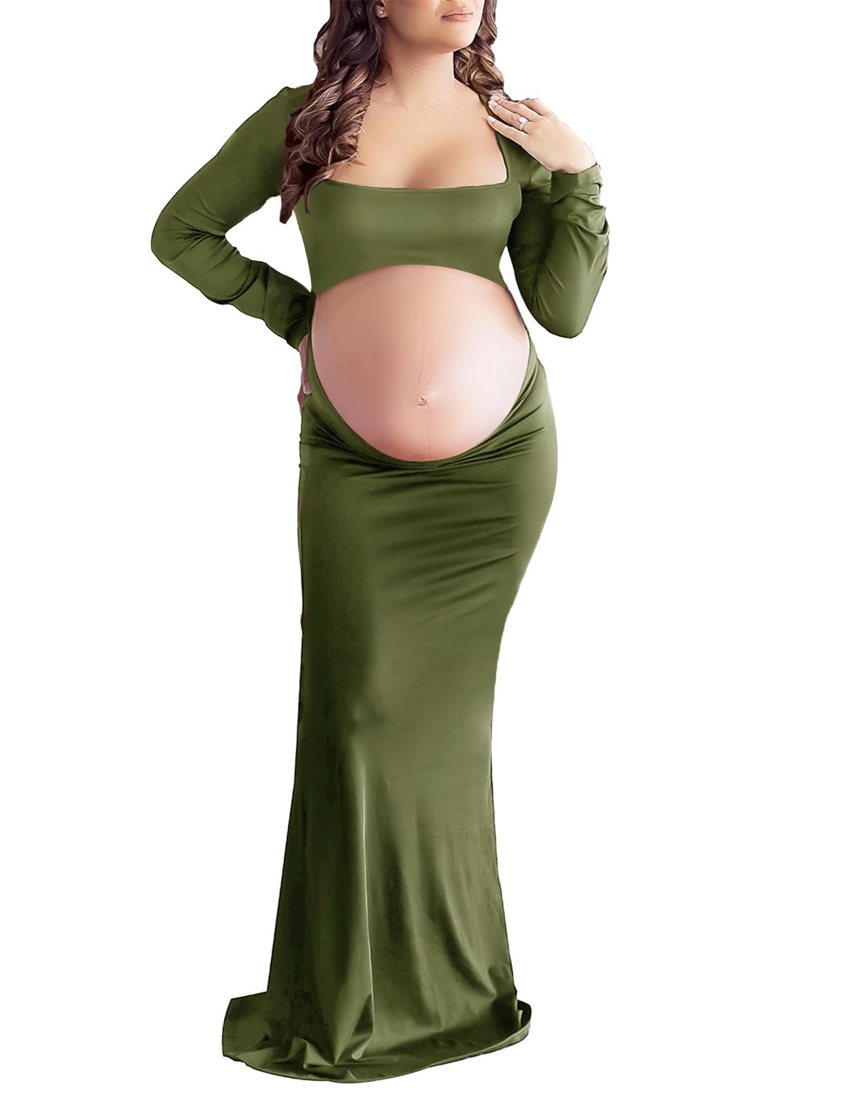 Dedysler Cut Out Maternity Dress for Photos Open Belly Long Sleeve Photography Gown Square Neck Maternity Outfit Dresses