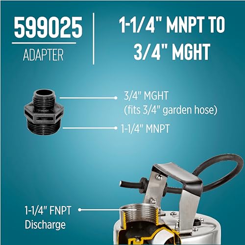 Image of Little Giant 599025 1-1 /4-inch MNPT x 3 /4-inch Male GHT Garden Hose Adapter for Utility, Pond, or Hydroponic Pumps with 1-1 /4-inch FNPT discharge, Black