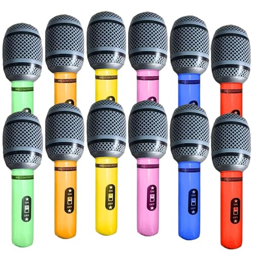 12 Pieces Blow Up Microphone PVC Inflatable Microphones Assorted Colors (6 Hues 2 Each) Inflatable Party Props Toy Microphone Microphone Prop for Musical Themed Parties & Celebrations (25cm Lengt