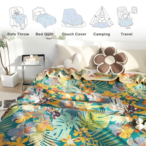 Image of MSGKV Boho Throw Blanket 60 inchx80 inch Cotton Floral Blanket for Couch Sofa Bed