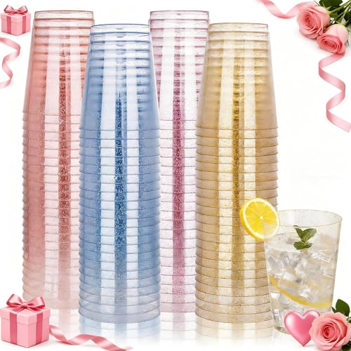 DaYammi 100 Pack 10 Oz Plastic Cups Glitter Disposable Cups in Assorted Colors Plastic cups with 4 Colors Disposable Wine Glasses Heavy Duty disposable Tumblers Drinking Cocktail Glasses for Party
