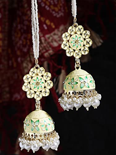 Image of Karatcart Gold Plated Pearl Beaded Kundan Kaanchain Earrings for Women