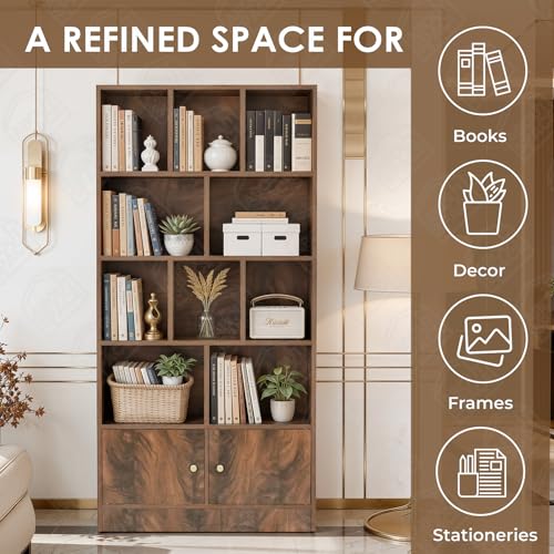 Image of ABOUT SPACE Tall Book Shelf for Home - 10 Shelves with Bottom Closed Compartment Engineered Wood Book Rack for Study Room Book Organizer Stand for Library, Living Room(L80 x B30.5 x H181.5cm -Walnut)