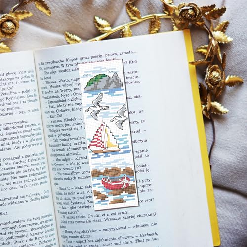 Image of FREEBLOSS 6 Set Cross Stitch Bookmark Kit Stamped Cross Stitch Kit Ocean View Theme Embroidery Set with Instruction for Adults 8''*2.4''