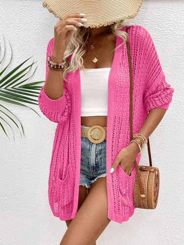Image of Womens Crochet Cardigan Sweater Lightweight Rib Knit Open Front Sweater Coats Cover Up