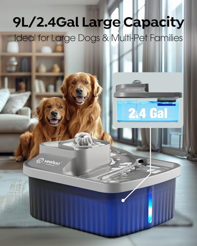 Veehoo Dog Water Fountain for Large Dogs – 2.4Gal Pet Water Fountain with Diatomaceous Earth Mat and 5 Filters, Automatic Dog Water Bowl Dispenser with Silent Pump & LED Indicator for Dogs and Cats Veehoo Dog Water Fountain for Large Dogs – 2.4Gal Pet Water Fountain with Diatomaceous Earth Mat and 5 Filters, Automatic Dog Water Bowl Dispenser with Silent Pump & LED Indicator for Dogs and Cats