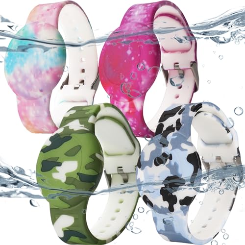 Paquete de 4 pulseras impermeables AirTag para niños, pulsera oculta impresa para Apple Air Tag, soporte de silicona para AirTag, funda de rastreador GPS para correa para niños pequeños, protección