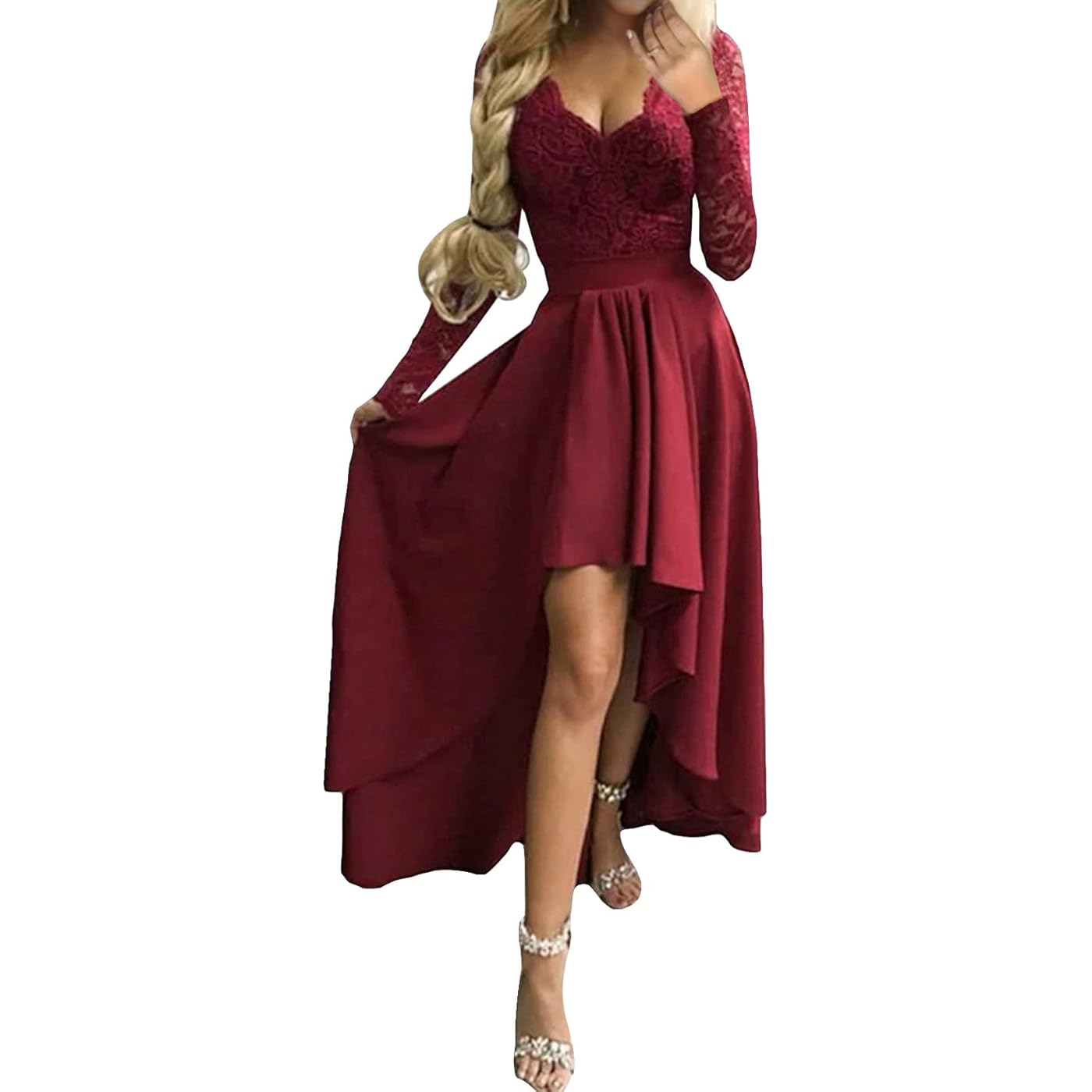 $10/mo - Finance Bdcoco Womens V Neck Lace Hi Low Cocktail Party Dress Long  Sleeve A-Line Swing Gowns | Buy Now, Pay Later