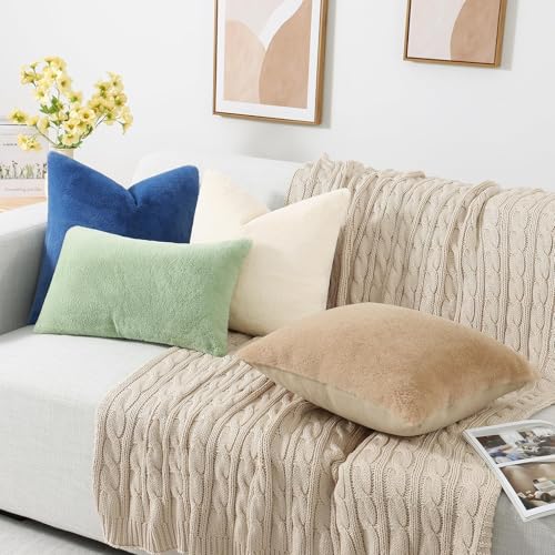 Pallene Faux Fur Plush Throw Pillow Covers 20x20 Set of 2, Soft Fluffy Couch Pillow Covers for Living Room, Navy Blue