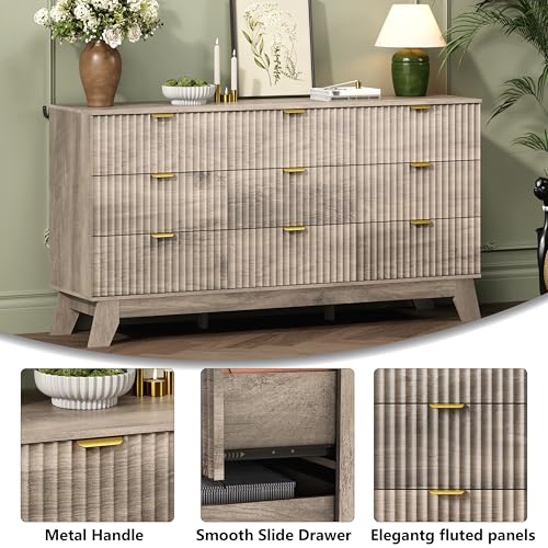 Image of Wodeer 9 Drawer Fluted Dresser for Bedroom, Mid Century Modern Wooden Dresser with 9 Drawers, Dressers & Chests of Drawers with Metal Handle, TV Stand & Storage Organizer for Entryway, Hallway, Oak