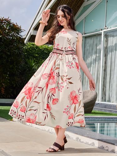 Image of EthnicJunction Women's Silk Blend Anarkali Floral Print Sleeveless Kurta with Attached Blet