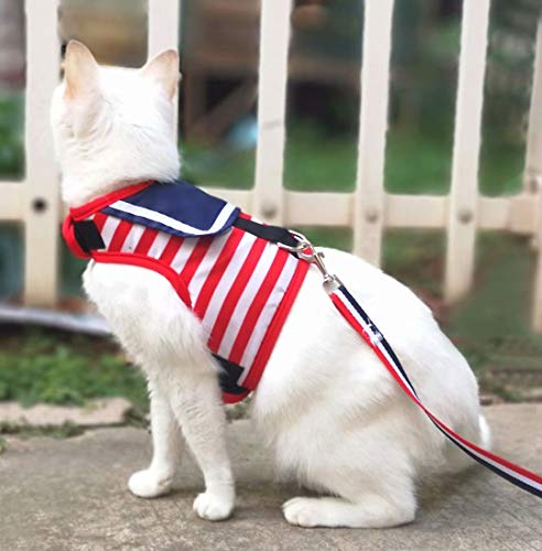 Image of Cat Harness and Leash for Walking Escape Proof, Adjustable Cat Vest Harness, Padded Stylish Cat Walking Jackets, Sailor Suit Red, Medium