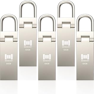MOSDART 64GB 5 Pack USB 2.0 Waterproof Metal Flash Drive with Keychain, 64 GB exFAT Thumb Drives, Portable Multipack Jump Drive Memory Stick for Storage and Backup, Silver