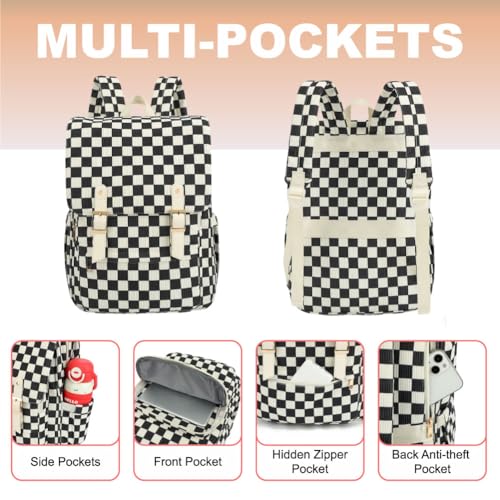 Image of Women Laptop Backpack, Corduroy 15.6 inch Travel Backpack for Work College Business, Teacher Nurse Bag with Large Capacity School Bookbag Bags for Girls - Checkered Black