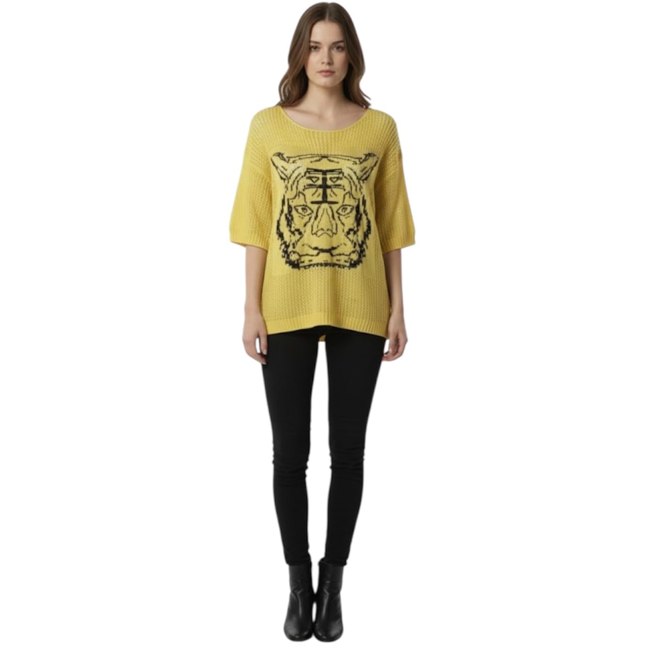 Women’s Yellow Tiger Graphic Knit Sweater Crochet top L Short Sleeve Soft Pullover Casual Top-image-4