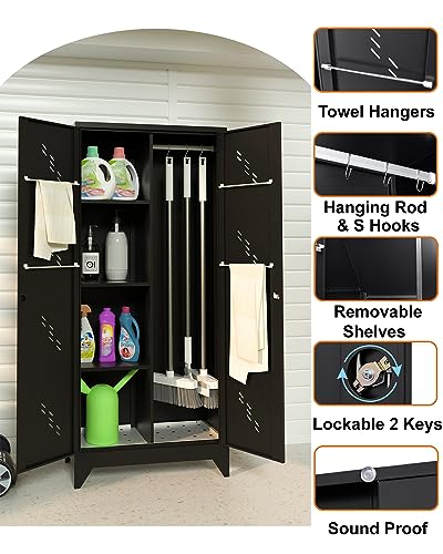 Image of Metal Storage Cabinet with Lock, 71 inch Garage Storage Cabinets with Hanging Rod & S-Hooks, Large Storage Cabinet, Locking Tool Utility Closet, Black
