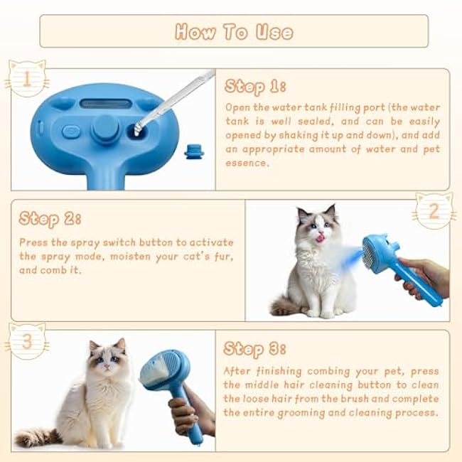 5-in-1 Pet Steam Brush for Cats & Dogs ¨C Grooming, Shedding, Massage & One-Touch Clean for Short & Long Hair Pets ¨C Electric Cat Brush with Comb & Steam (Blue)-fjFajwKO