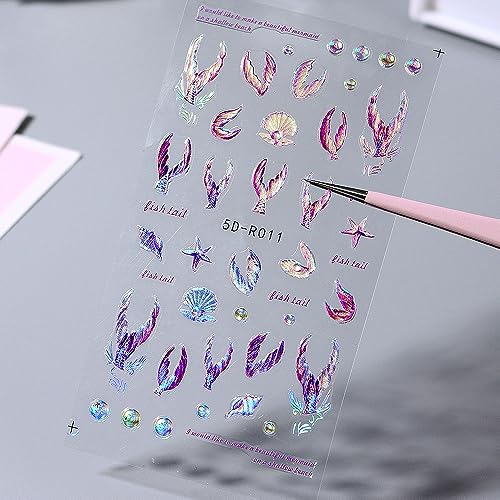 Jaliya JLA0182 5D Dreamy Mermaid Tail Nail Stickers Summer Nail Decals 5D Embossed Laser Mermaid Nail Art Stickers Sea Wave Fishtail Shellfish Starfish Nail Design Stickers Self Adhsive Ocean Stickers thumb #2