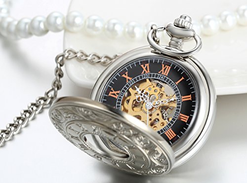 Image of JewelryWe Antique Mechanical Pocket Watch Retro Classic Mechanical Hand-Wind Pocket Watch Steampunk Fob Watch Pendant Watch with Chain, for Father's Day