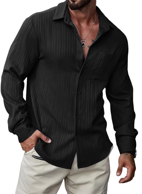 Meilicloth Herren Hemd Langarm Freizeithemd Regular Fit Oberhemd Button Down Hemd mit Brusttasche Einfarbig Schwarz M