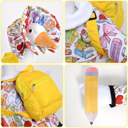 yuboo Back to School Garden Goose Outfits - 3-Piece Lawn Goose Clothes Set with Doodle Dress, Ruffled Bonnet, Yellow Backpack for 23'' Porch Goose (Goose Statue Not Included) — view 2