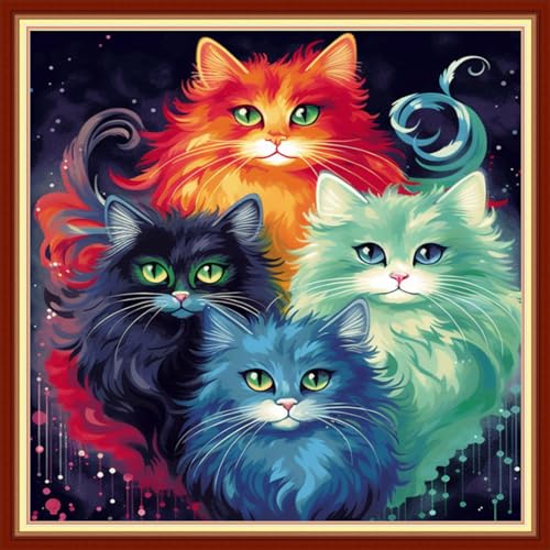 Image of DMCVIVR Stamped Cross Stitch Kits for Adults Beginners Embroidery Kits 11CT Needlepoint Kits Cross Stitch Patterns Embroidery Patterns&Colorful Cat 18x18 inch