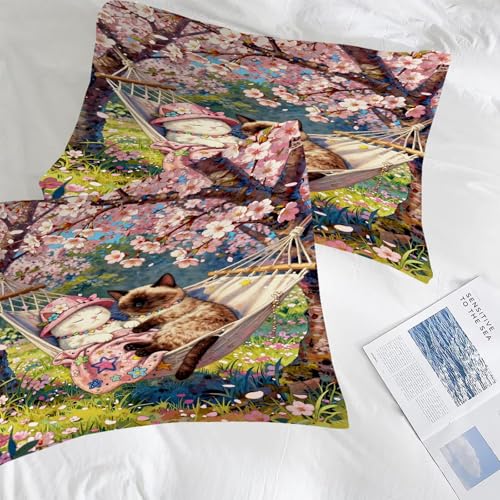 Image of Cartoon Cat Comforter Set Full Size Cute Kitten Floral Bedding Sets for Girls Boys Kids Adults Bedroom Decor Spring Cherry Blossom Hammock Quilt 1 Comforter 2 Pillowcases