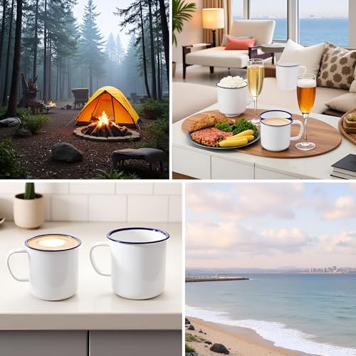 Tasses de camping en émail blanc incassables et réutilisables de 6 cm x2 - 7