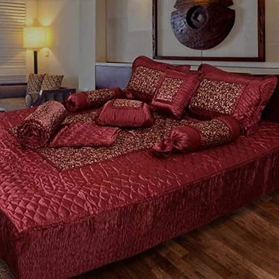 SK STORE 8-Piece Silk Bedding Set 1 Bedsheet, 2 Pillow Cover, 2 Cushion, 2 Filled Bolsters and 1 AC Comforter (RED)