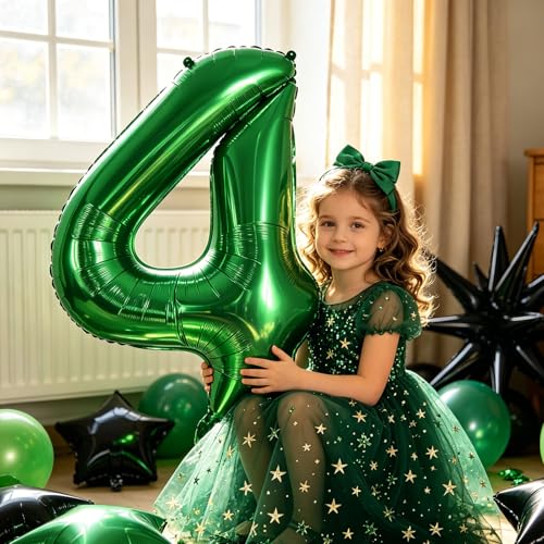 Image of TONIFUL 4th Birthday Balloons 40 Inch Green Large Number 4 Foil Balloon 18 Inch Helium Mylar Heart Star Shaped Ballons for Boys Men Birthday Anniversary Graduation New Year Eve Party Decoration