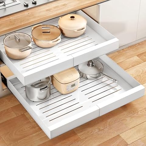 Wider Pull out Cabinet Organizer, Expandable(13.6"-24") Heavy Duty Peel and Stick Roll out Drawer for Pots and Pans, Adjustable Adhesive No Drill Screw Slide out Shelf Storage for Home Kitchen Pantry Cover
