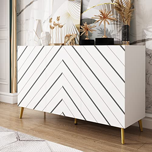 Ecacad Buffet Sideboard Storage Cabinet With 3 Decorative Doors, Adjustable Shelves & 4 Compartments, Kitchen Wood Console Cabinet With Metal Legs For Living Room, White (47.2”L X 15.7”W X 29.5”H) #TOP14