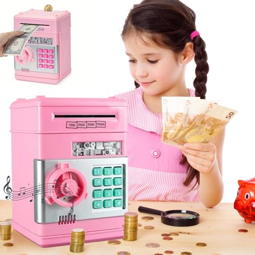 JEMUON Alcancia para Niños, Alcancia Electronica con Contraseña Música, Mini Cajero Automático Alcancía Electrónica, Papel Moneda Doble Uso, Caja Fuerte...