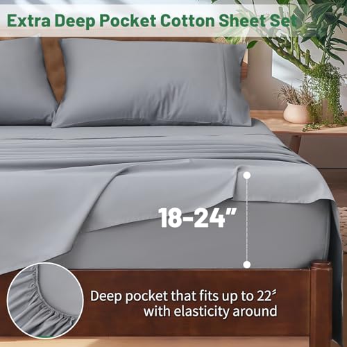 Image of Extra Deep Pocket California King Sheets 18-24 Inch 100% Egyptian Cotton 1000 Thread Count Sateen Weave Soft Breathable 4 Pieces(Cal King,Grey)