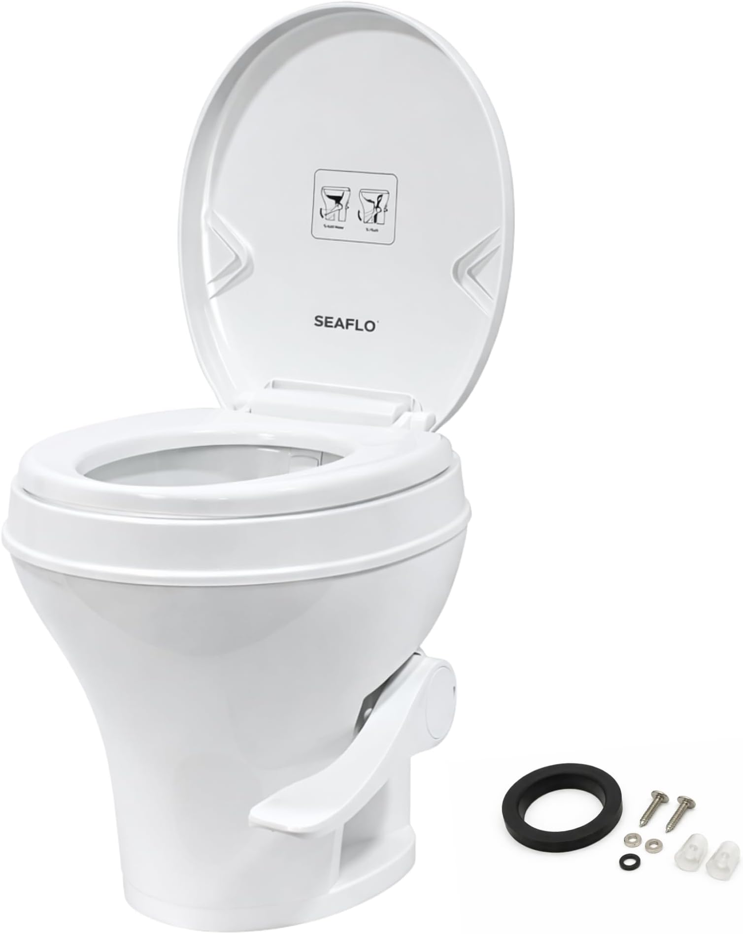 SEAFLO RV Toilet, Residential Height 18.4", Gravity Flush Foot Pedal, Soft Close Seat, Camper Toilet for RV Motorhome Travel Trailer, White, SFRTPH-01-01, 4-Year Warranty