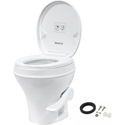 SEAFLO RV Toilet, Residential Height 18.4", Gravity Flush Foot Pedal, Soft Close Seat, Camper Toilet for RV Motorhome Travel Trailer, White, SFRTPH-01-01, 4-Year Warranty