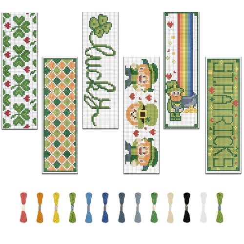 Image of FREEBLOSS 6 Set Cross Stitch Kits - St. Patrick's Day Themed Punch Needle Kit for Beginners - Bookmark Making Gift