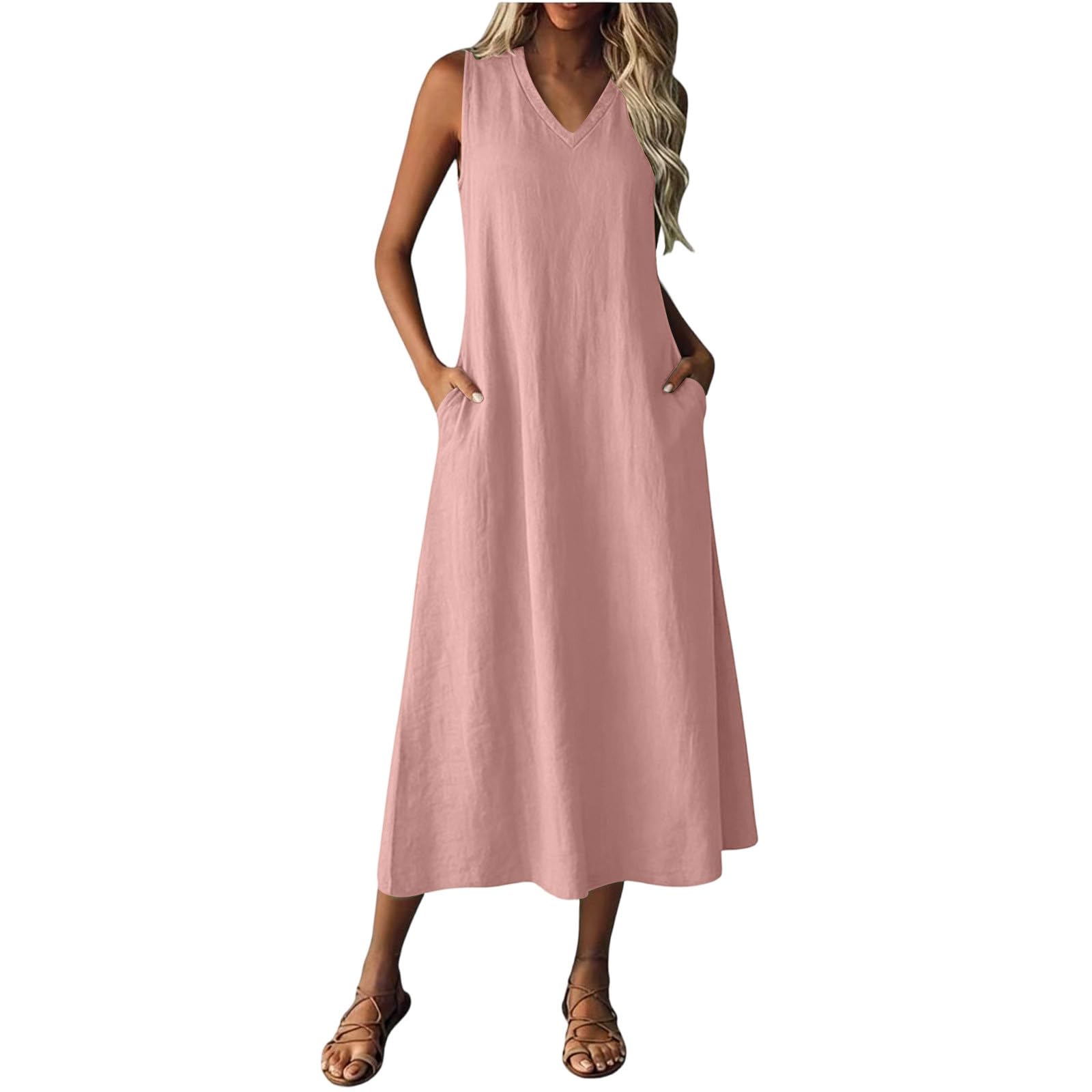 Vevpewshi Summer Linen Dresses for Women Solid Color V-Neck Sleeveless Dresses Beach Vacation Casual Sundress Back Zipper Dress