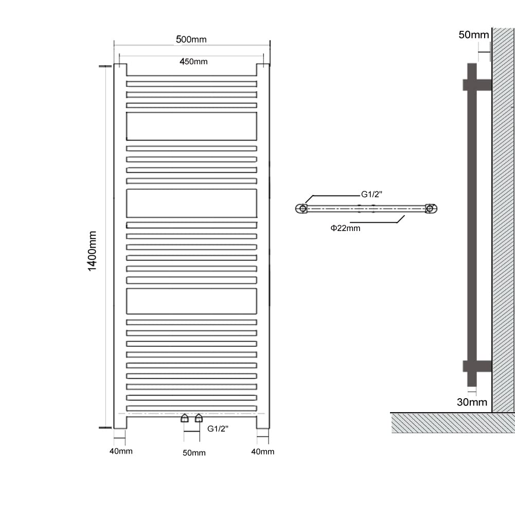 500 x 1400 mm, colore bianco, con attacco medio, scaldasalviette