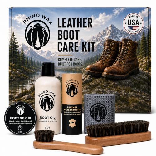 Leather Boot Care Kit - Made in USA (Not China) - Boot Oil, Waterproofer, Cleaning Scrub for Boots (Like Saddle Soap), Brushes and Cloth - Do NOT use Mink Oil (Love Animals) - All Natural Ingredients