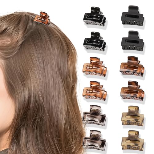 NICECONE 12 Pcs Small Hair Claw Clips Matte & Glossy Rectangle Clips 2.5cm Non-Slip Strong Hold for Women Girls Black & Leopard Colors