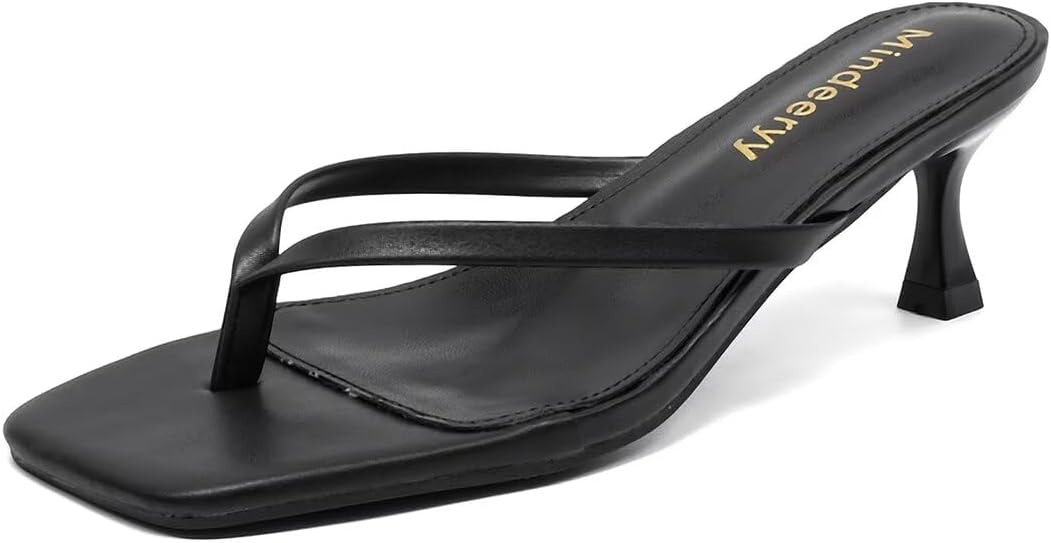 Thong Sandals Kitten Heels Square Toe Flip Flops Slip On Heels for Women Kitten Hee...