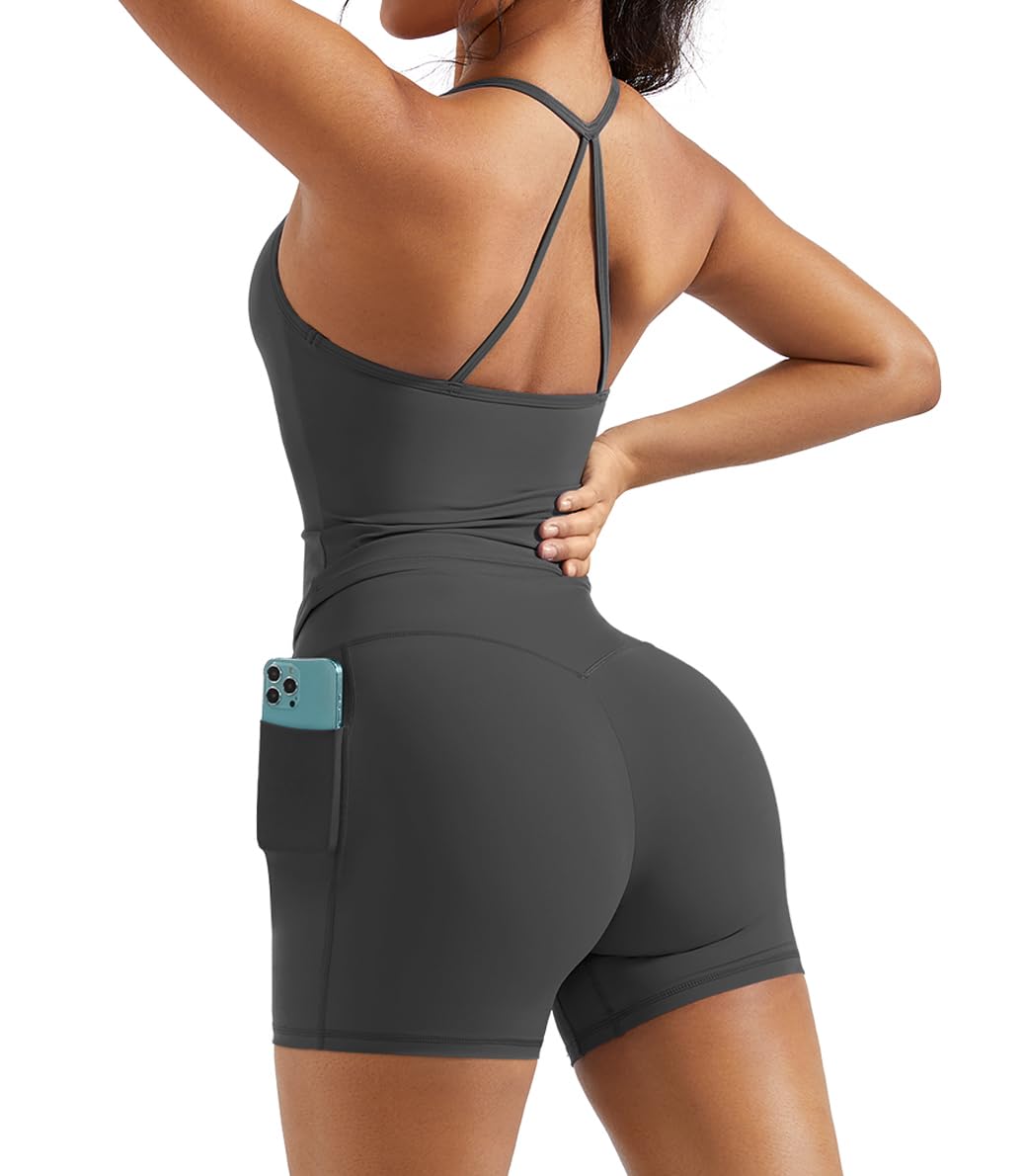 OMKAGI 2 Piece Workout Sets for Women Padded Sports Bra Tank Booty Gym Shorts with Pockets