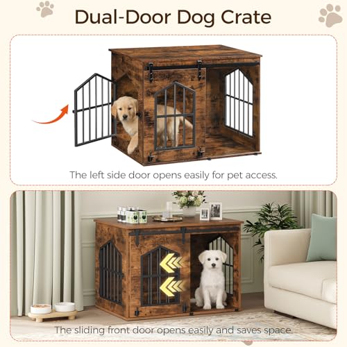 MAHANCRIS Dog Crate Furniture, 31.5" Farmhouse Dog Kennel with Sliding Barn Door, Wooden Dog Cage for Small Medium Dogs, Decorative Pet House Side End Table, Chew-Resistant, Rustic Brown DCHR9601 - Image 3